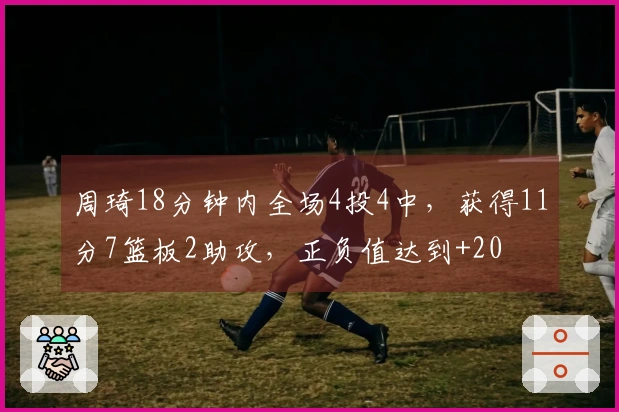 周琦18分钟内全场4投4中，获得11分7篮板2助攻，正负值达到+20